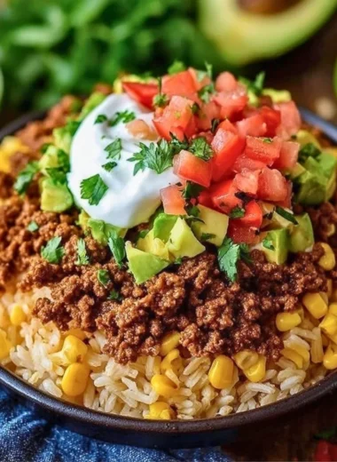 Delicious easy taco rice bowl with fresh ingredients and vibrant presentation.
