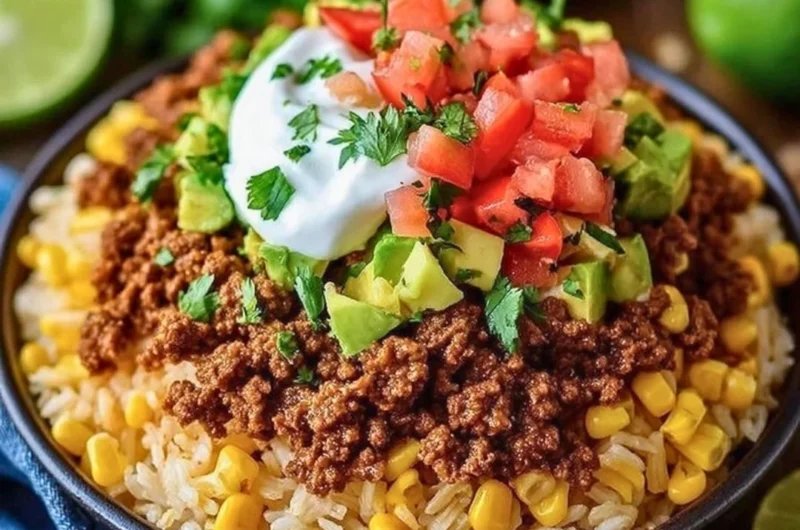 Delicious easy taco rice bowl with fresh ingredients and vibrant presentation.