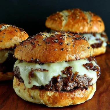 French onion soup burgers topped with melted cheese and caramelized onions.