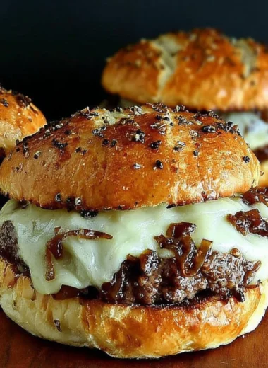 French onion soup burgers topped with melted cheese and caramelized onions.
