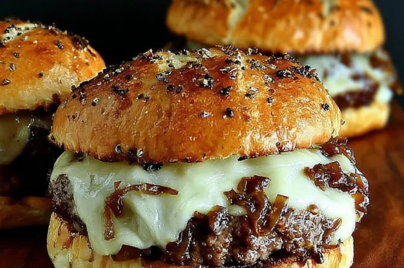 French onion soup burgers topped with melted cheese and caramelized onions.