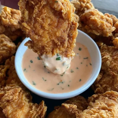 Delicious fried chicken tender bites with buffalo ranch dipping sauce