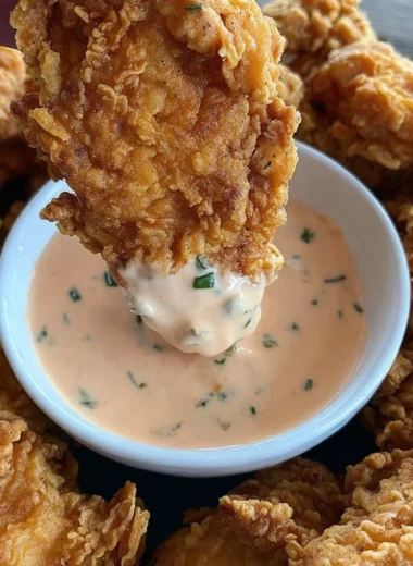 Delicious fried chicken tender bites with buffalo ranch dipping sauce