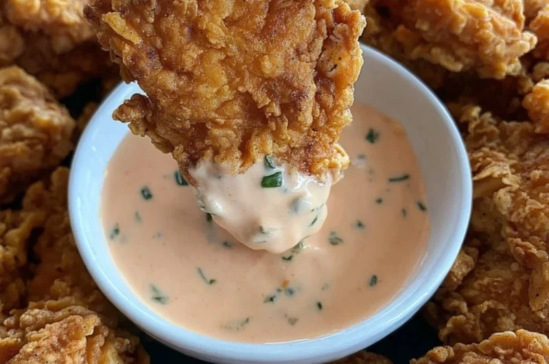 Delicious fried chicken tender bites with buffalo ranch dipping sauce