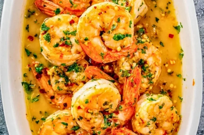 Delicious Garlic Butter Shrimp served with herbs and lemon