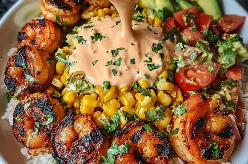Grilled shrimp bowl with avocado, corn salsa, and creamy sauce.