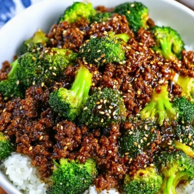 A plate of ground beef and broccoli stir-fry served with rice.