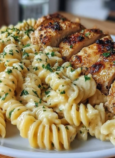 Delicious Honey Garlic Chicken Pasta topped with fresh herbs and garnished.