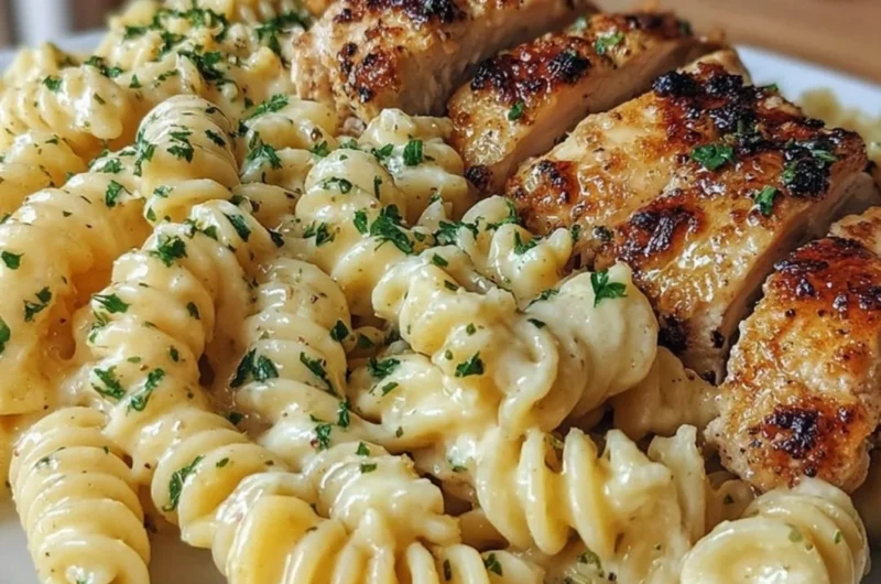 Delicious Honey Garlic Chicken Pasta topped with fresh herbs and garnished.