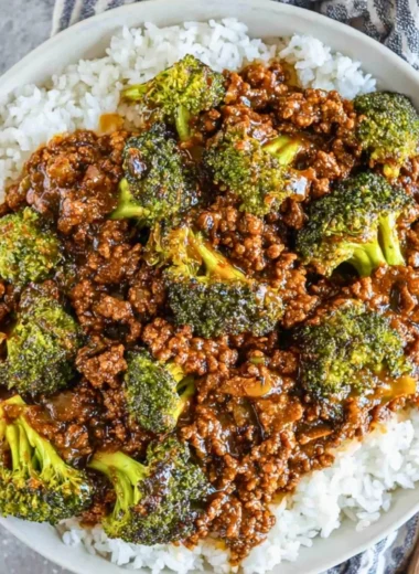 Honey Garlic Beef with Broccoli dish prepared in a skillet.