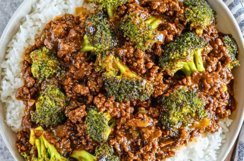 Honey Garlic Beef with Broccoli dish prepared in a skillet.