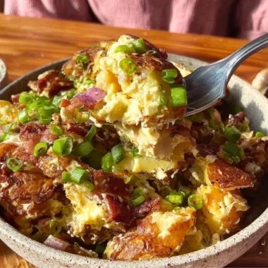 Honey mustard crispy smashed potato salad served in a bowl.