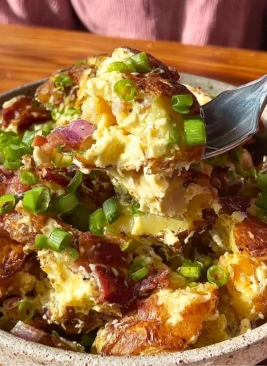 Honey mustard crispy smashed potato salad served in a bowl.
