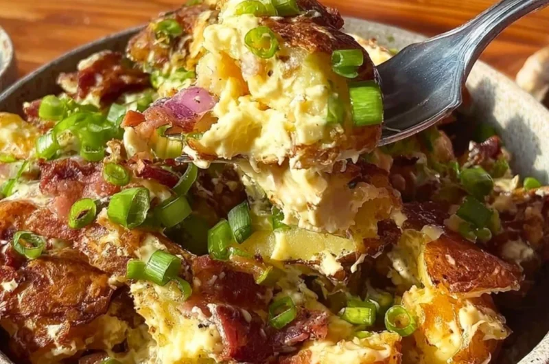 Honey mustard crispy smashed potato salad served in a bowl.