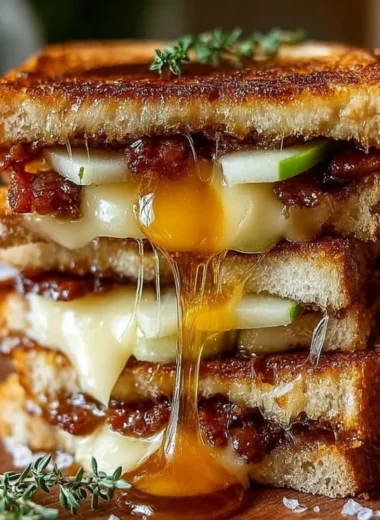Melty grilled cheese with hot honey, apple, cheddar, and crispy bacon