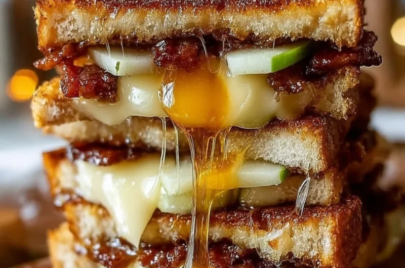 Melty grilled cheese with hot honey, apple, cheddar, and crispy bacon