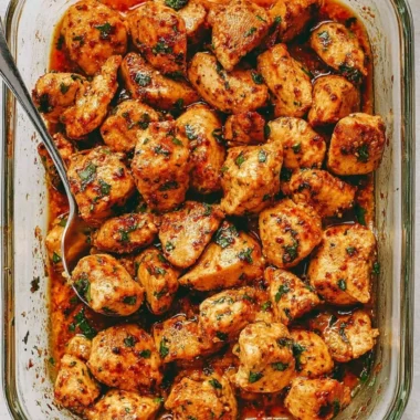 Deliciously juicy oven baked chicken bites on a plate