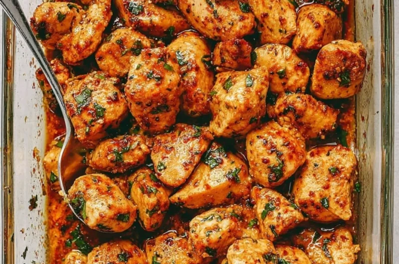 Deliciously juicy oven baked chicken bites on a plate