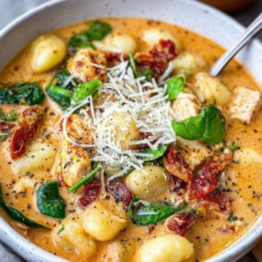 Bowl of Marry Me Chicken Soup garnished with herbs and served with a spoon.