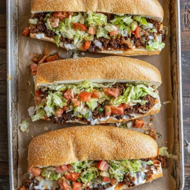 Mexican Chopped Cheese Sandwich garnished with fresh chiles and toppings