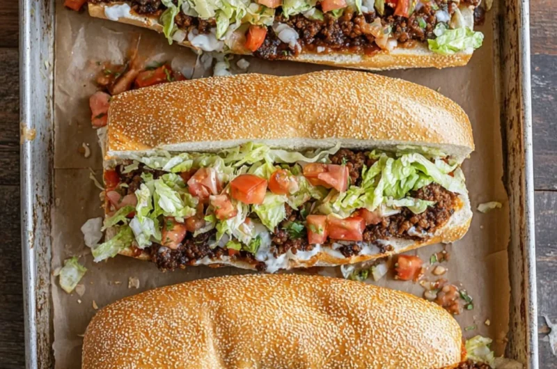 Mexican Chopped Cheese Sandwich garnished with fresh chiles and toppings