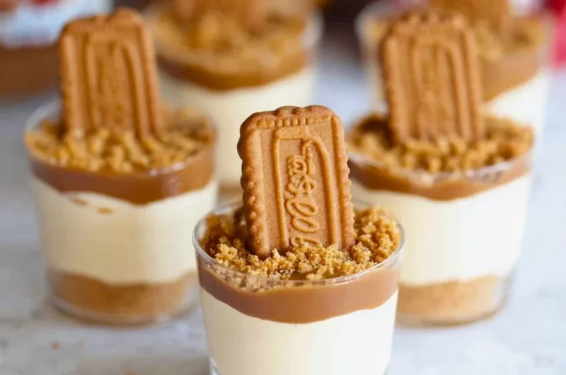 No Bake Biscoff Cheesecake Cups topped with caramel drizzle and cookie crumbles