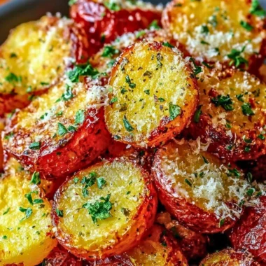 Crispy Parmesan roasted red potatoes garnished with herbs