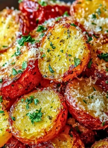Crispy Parmesan roasted red potatoes garnished with herbs