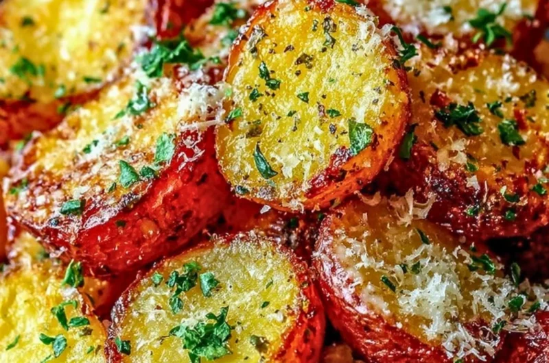 Crispy Parmesan roasted red potatoes garnished with herbs