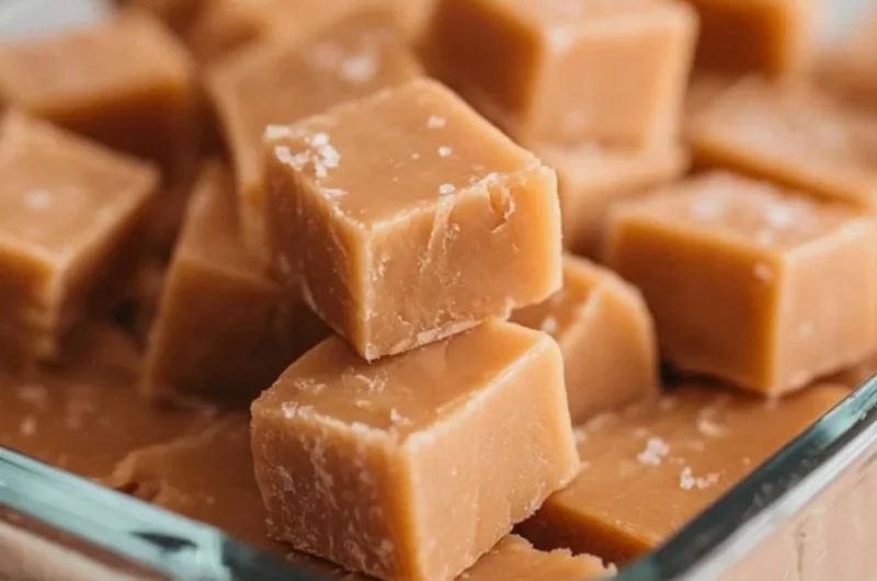Delicious homemade peanut butter fudge placed on a marble surface.