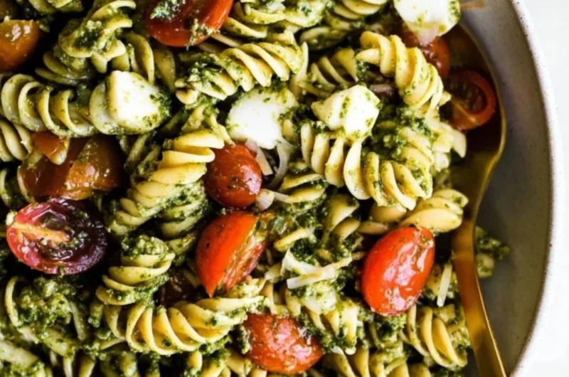 Colorful bowl of Pesto Pasta Salad topped with cherry tomatoes and basil.