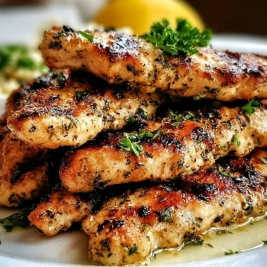 Quick Mediterranean chicken tenders on a plate garnished with herbs and lemon.