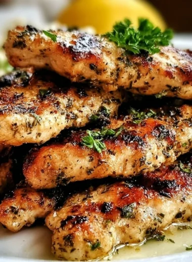 Quick Mediterranean chicken tenders on a plate garnished with herbs and lemon.