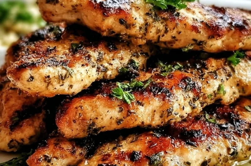 Quick Mediterranean chicken tenders on a plate garnished with herbs and lemon.
