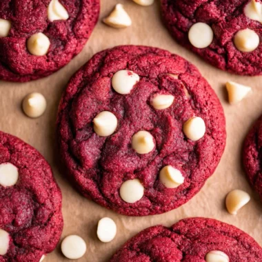 Delicious red velvet cookies with cream cheese frosting on a wooden plate