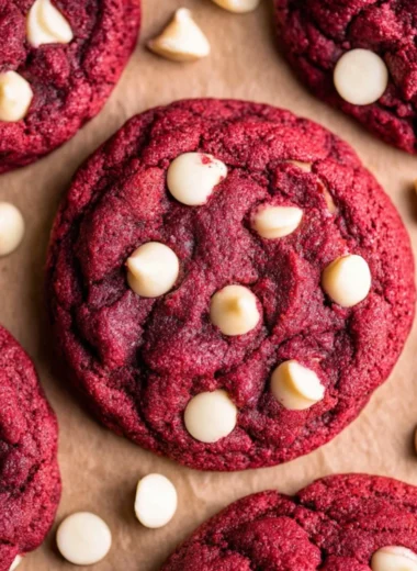 Delicious red velvet cookies with cream cheese frosting on a wooden plate