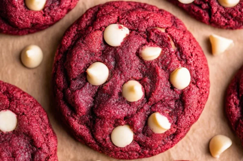 Delicious red velvet cookies with cream cheese frosting on a wooden plate