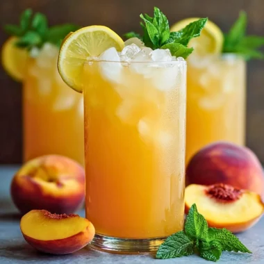 Refreshing glass of peach lemonade with fresh peaches and lemon slices