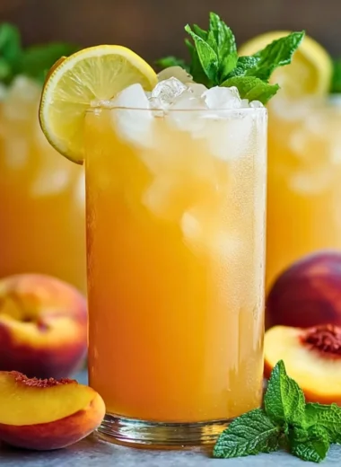 Refreshing glass of peach lemonade with fresh peaches and lemon slices
