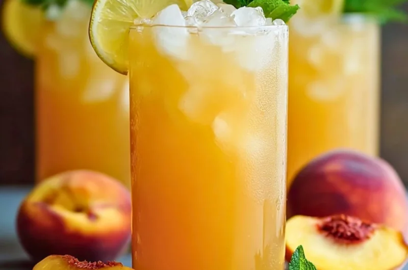 Refreshing glass of peach lemonade with fresh peaches and lemon slices