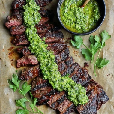 Grilled skirt steak marinated in chimichurri sauce served on a wooden platter