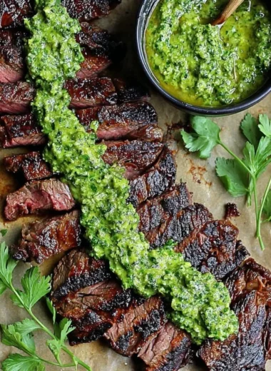 Grilled skirt steak marinated in chimichurri sauce served on a wooden platter