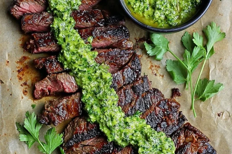 Grilled skirt steak marinated in chimichurri sauce served on a wooden platter
