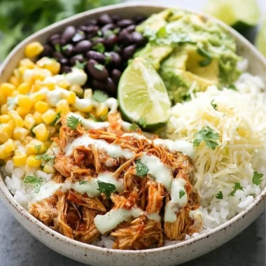 Delicious slow cooker chicken burrito bowl with fresh ingredients