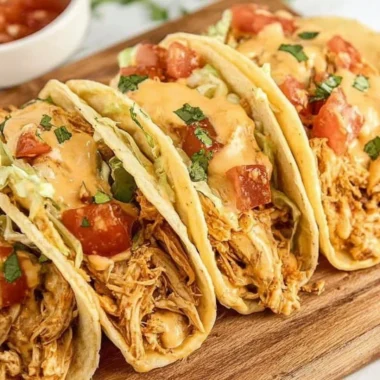 Delicious Slow Cooker Queso Chicken Tacos garnished with fresh cilantro