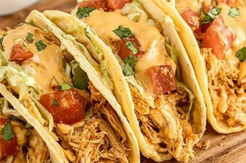 Delicious Slow Cooker Queso Chicken Tacos garnished with fresh cilantro
