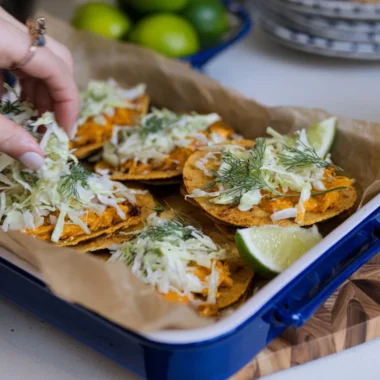 Smashed Buffalo Chicken Tacos with ranch slaw served on a plate