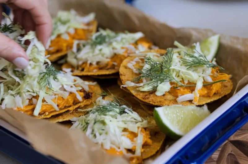 Smashed Buffalo Chicken Tacos with ranch slaw served on a plate