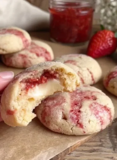 Soft strawberry cheesecake cookies with a creamy and fruity flavor