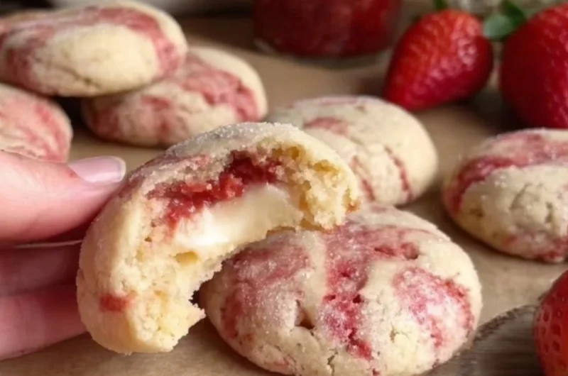 Soft strawberry cheesecake cookies with a creamy and fruity flavor